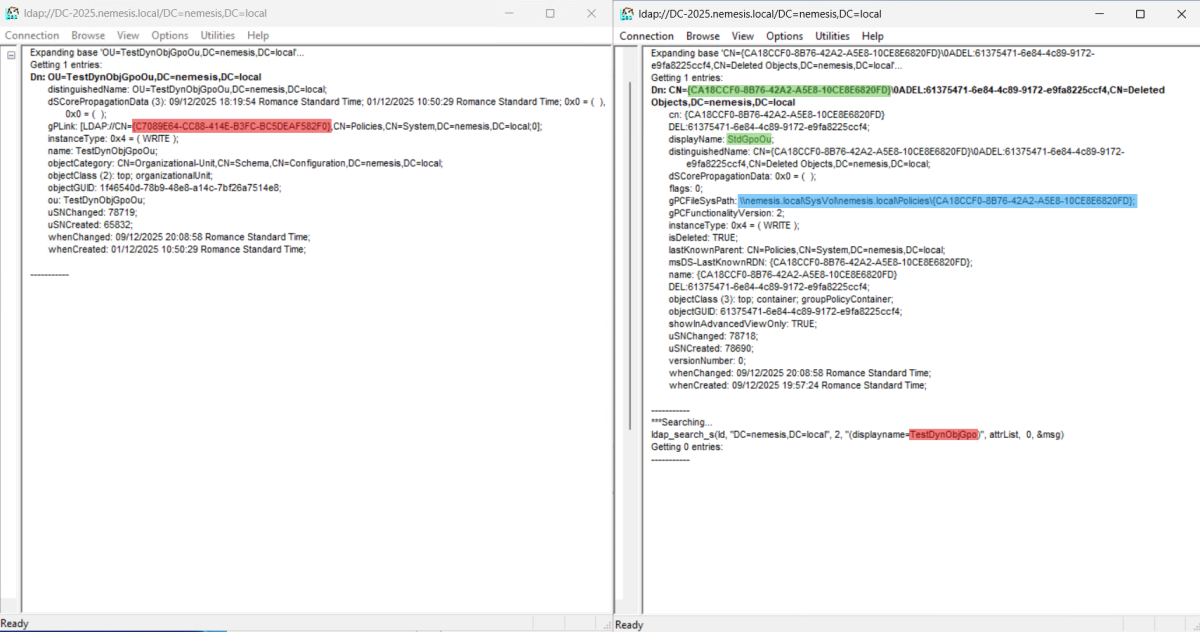 LDP view of an Organizational Unit still referencing an expired dynamic GPO in its gPLink attribute, alongside a search confirming the GPO object has been completely removed